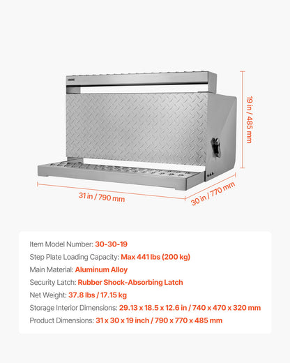 Verktygslåda för lastbilssteg, 790 x 770 x 485 mm Robust verktygslåda i diamantplåt i aluminium, vattentät förvaringslåda för hyttens stege med stötdämpande spärr för flak, kran och lastbilar