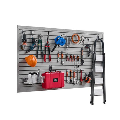 Ribbor i vägg, 2,4 x 1,2 meter, PVC-ribbvägg för garage med tillbehör, grå ribbor, lättmonterad, justerbar ribborpanel med kopplingsstruktur och gör-det-själv-skärning, passar för förvaring och visning