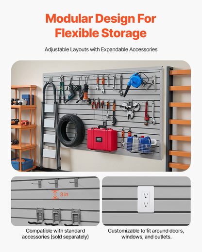 Ribbor i vägg, 2,4 x 1,2 meter, PVC-ribbvägg för garage med tillbehör, grå ribbor, lättmonterad, justerbar ribborpanel med kopplingsstruktur och gör-det-själv-skärning, passar för förvaring och visning