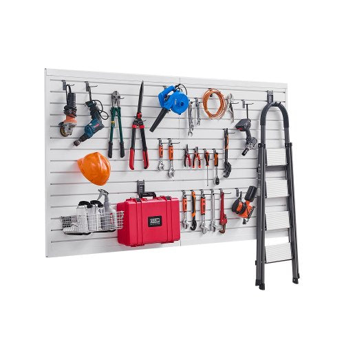 Ribbor i vägg, 2,4 x 1,2 meter, PVC-ribbvägg för garage med tillbehör, vit ribbor, lättmonterad, justerbar ribborpanel med kopplingsstruktur och gör-det-själv-skärning, passar för förvaring och visning