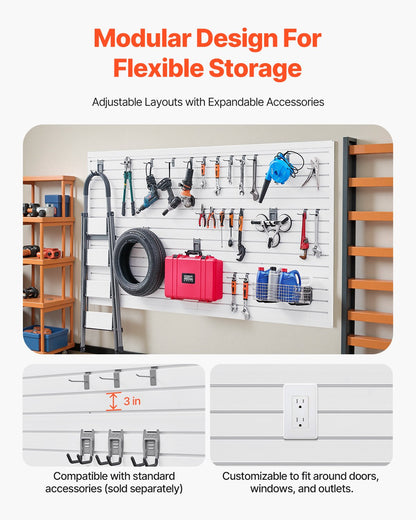 Ribbor i vägg, 2,4 x 1,2 meter, PVC-ribbvägg för garage med tillbehör, vit ribbor, lättmonterad, justerbar ribborpanel med kopplingsstruktur och gör-det-själv-skärning, passar för förvaring och visning