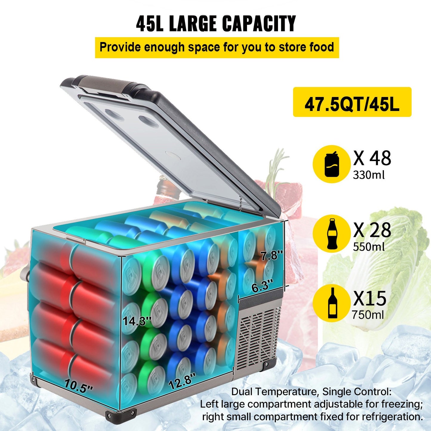 Bärbar liten bilfrys 45L mini-bilfrys kylskåp 45W bilkyl kylare 12V kyl-frys AC/DC bärbar frys bärbar bilkyl för hemma- och utomhusbruk