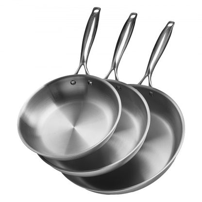 Trippelstegspanna i rostfritt stål, 3 delar (240, 280, 320 mm), stekpanna med värmebeständigt handtag, kockens köksredskap, ugn, gas, elektrisk, induktion, diskmaskinskompatibel, silver