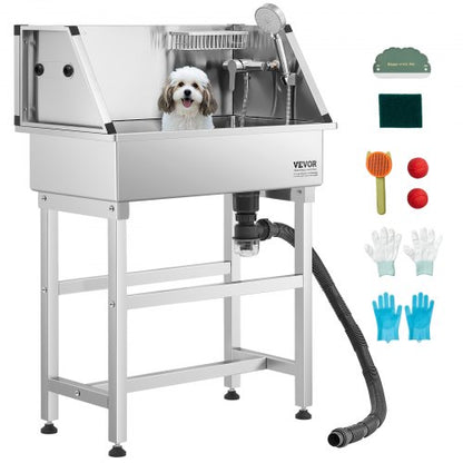 86,4 cm tvättstation i rostfritt stål för hundar, badkar för husdjur med varm- och kallvattenkran, duschmunstycke, förvaringsställ, allt-i-ett-badkar som inte böjer sig, handfat för hemmabruk, passar små katter och hundar