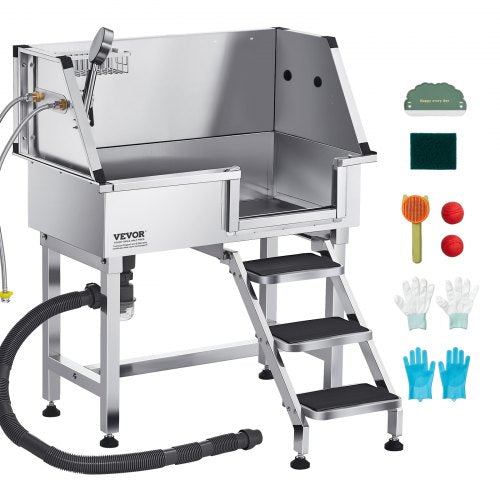 86,4 cm tvättstation för hundar i rostfritt stål, badkar för husdjur med varm- och kallvattenkran, duschmunstycke, handfat för hemmabruk, passar små katter och hundar, halkfri trappa (höger dörr)