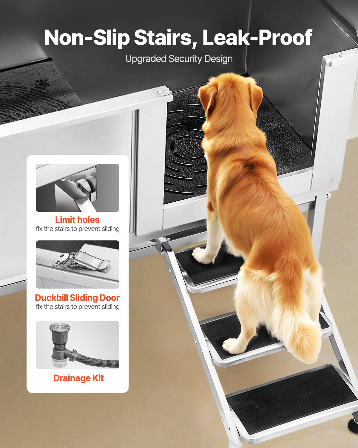 Hundtvättstation i rostfritt stål, 157,48 cm husdjursbadkar med trappor, PE-vattenfilterbräda, kran och duschmunstycke och tvålhållare. Hundbadkar för stora, medelstora och små husdjur (höger dörr)