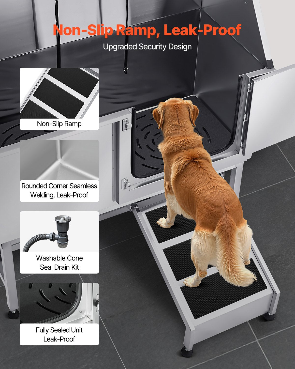 Hundtvättstation i rostfritt stål, 157,48 cm husdjursbadkar med ramp, PE-vattenfilterbräda, kran och duschmunstycke samt tvålhållare. Hundbadkar för stora, medelstora och små husdjur (höger dörr)