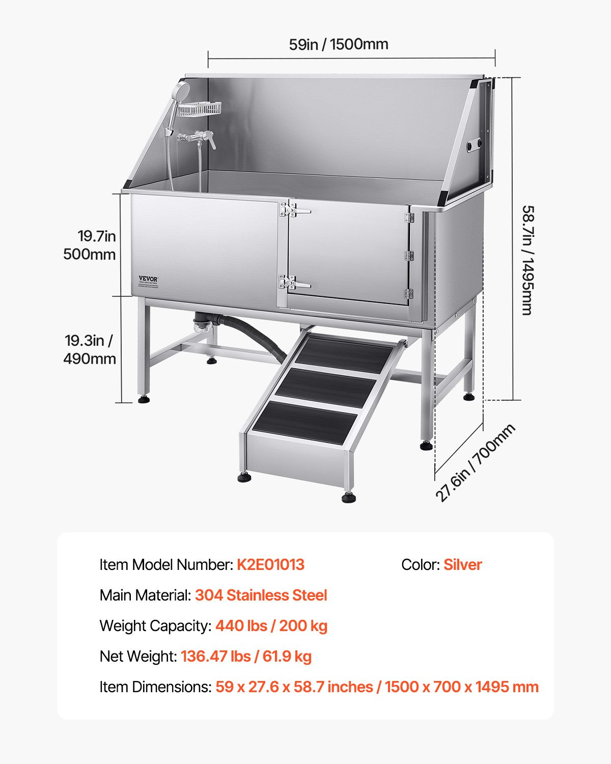 Hundtvättstation i rostfritt stål, 157,48 cm husdjursbadkar med ramp, PE-vattenfilterbräda, kran och duschmunstycke samt tvålhållare. Hundbadkar för stora, medelstora och små husdjur (höger dörr)
