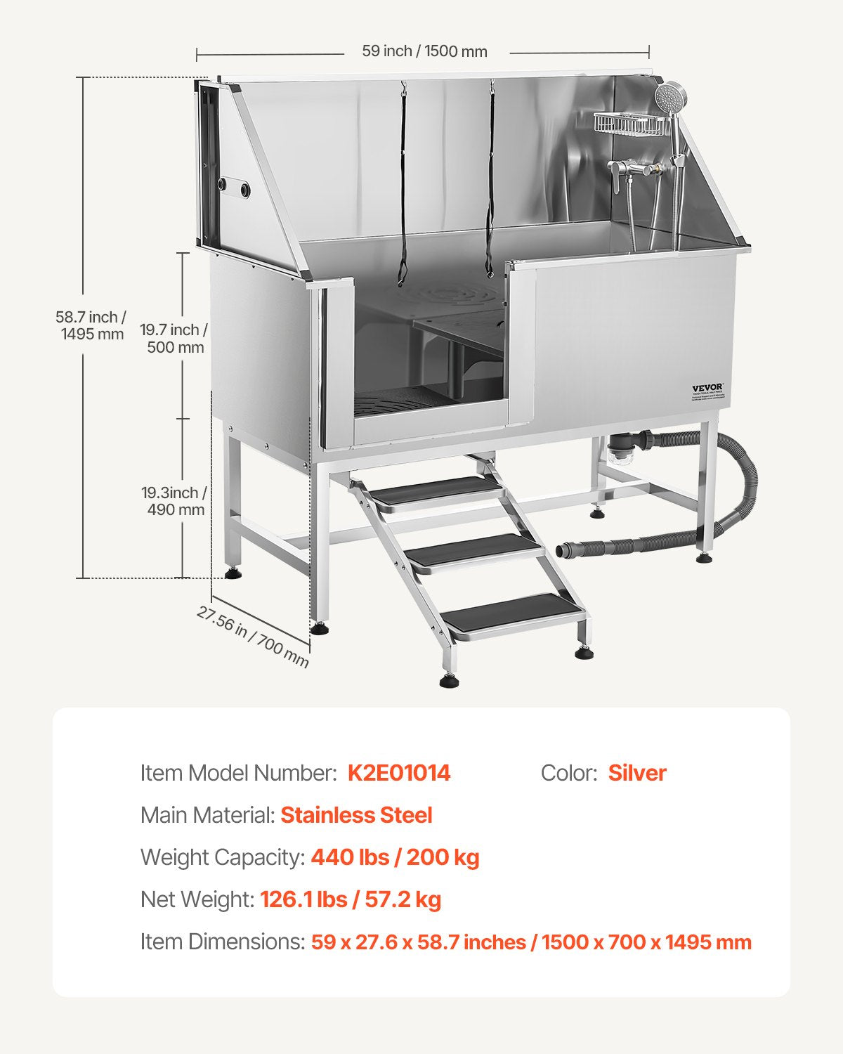 Hundtvättstation i rostfritt stål, 157,48 cm husdjursbadkar med trappor, PE-vattenfilterbräda, kran och duschmunstycke och tvålhållare. Hundbadkar för stora, medelstora och små husdjur (vänster dörr)