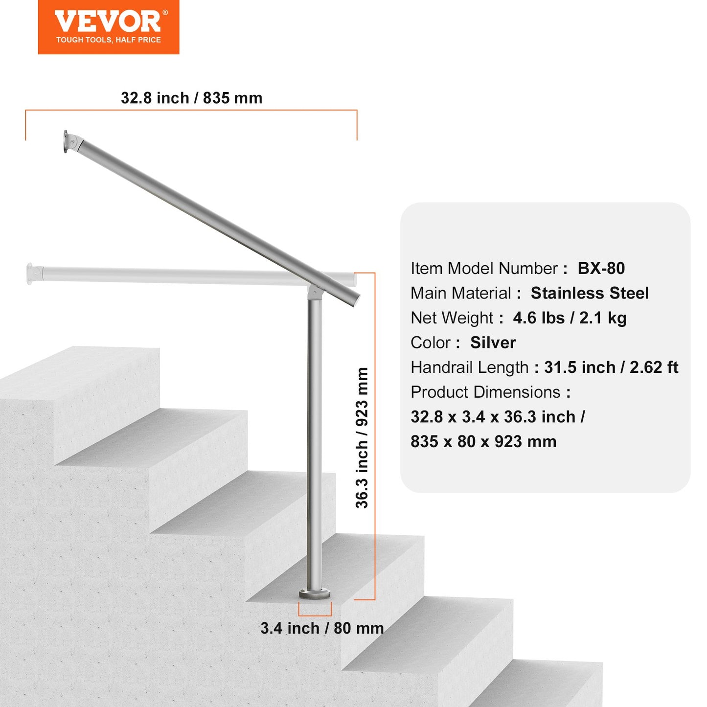 Ledstänger för utomhustrappor, 80 cm däckräckeskit, vägggolvmonterat, räcken för utomhustrappor med installationskit, ledstänger för seniorer, verandaräcke och däckräckeskit, silver
