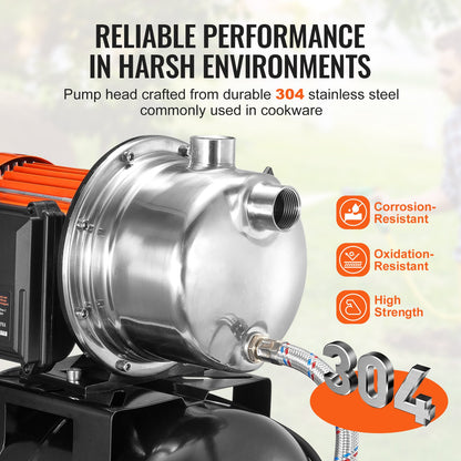 745 W (1 hk) brunnspump med trycktank, 63 l/min (1000 GPH), automatisk bevattningsvattenboosterpump med 40 m (130 fot) trycklyft 1,4/2,8 bar (20/40 PSI) tryckbrytare, pumphuvud i 304 rostfritt stål för trädgårdsgräsmatta