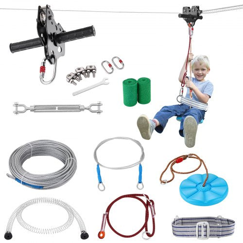 Zipline-kit för barn och vuxna, 36,6 m zipline-kit upp till 226,8 kg, snabb uppsättning av zipline för utomhusbruk, lekplatsunderhållning med zipline i rostfritt stål, fjäderbroms, säkerhetssele, sits