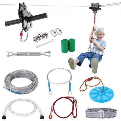 Zipline-kit för barn och vuxna, 48,77 m zipline-kit upp till 226,8 kg, snabb uppsättning av zipline för bakgård och utomhusbruk, lekplatsunderhållning med zipline i rostfritt stål, fjäderbroms, säkerhetssele, sits