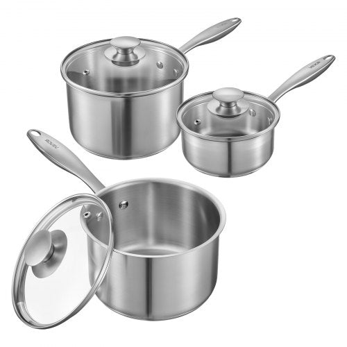 Kastrullset i rostfritt stål, 1 QT &amp; 2 QT &amp; 3 QT kastruller med glaslock, mångsidig nonstick-beläggningsgryta i rostfritt stål med ergonomiskt handtag, lämplig för ugn, diskmaskin, induktionshäll