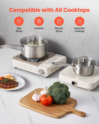 Kastrullset i rostfritt stål, 1 QT &amp; 2 QT &amp; 3 QT kastruller med glaslock, mångsidig nonstick-beläggningsgryta i rostfritt stål med ergonomiskt handtag, lämplig för ugn, diskmaskin, induktionshäll