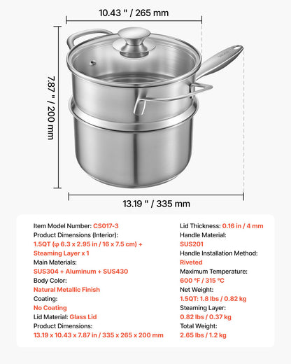 1,5 qt kastrull med ångkokare, kastrull i rostfritt stål med glaslock, multifunktionell nonstick-såsgryta i rostfritt stål med ergonomiskt handtag, lämplig för ugn, diskmaskin, induktionshäll