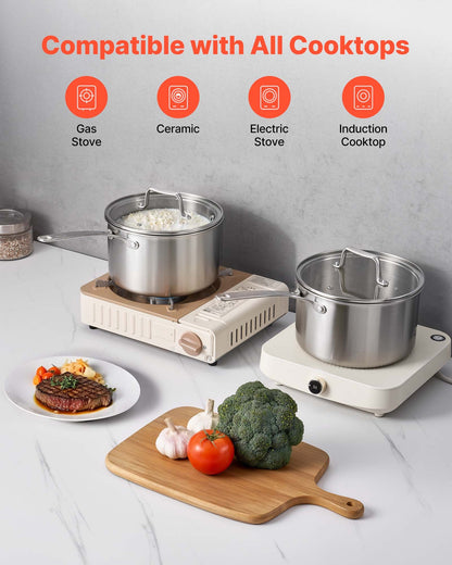 4 QT kastrull, rostfri kastrull med glaslock, multifunktionell nonstick rostfri såsgryta med ergonomiskt handtag, lämplig för ugn, diskmaskin, induktionshäll
