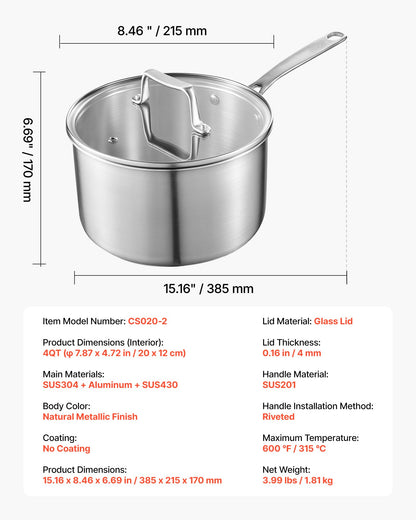 4 QT kastrull, rostfri kastrull med glaslock, multifunktionell nonstick rostfri såsgryta med ergonomiskt handtag, lämplig för ugn, diskmaskin, induktionshäll