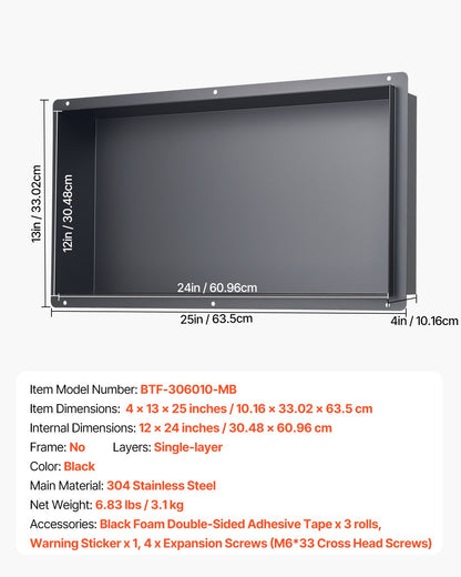 Duschnisch, 33,0 x 63,5 x 10,2 cm ramlös infälld väggnisch, robust modern schampoförvaring i rostfritt stål, förseglad vattentät, hållbar och enkel att installera, svart för badrum