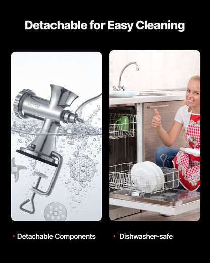 Manuell köttkvarn, handköttkvarn i 304 rostfritt stål med sugkopp + bordsklämma i stål, köttkvarn, korvmaskin och 2 skärplattor, korvrör, malhuvud för nötkött, pepparkaka