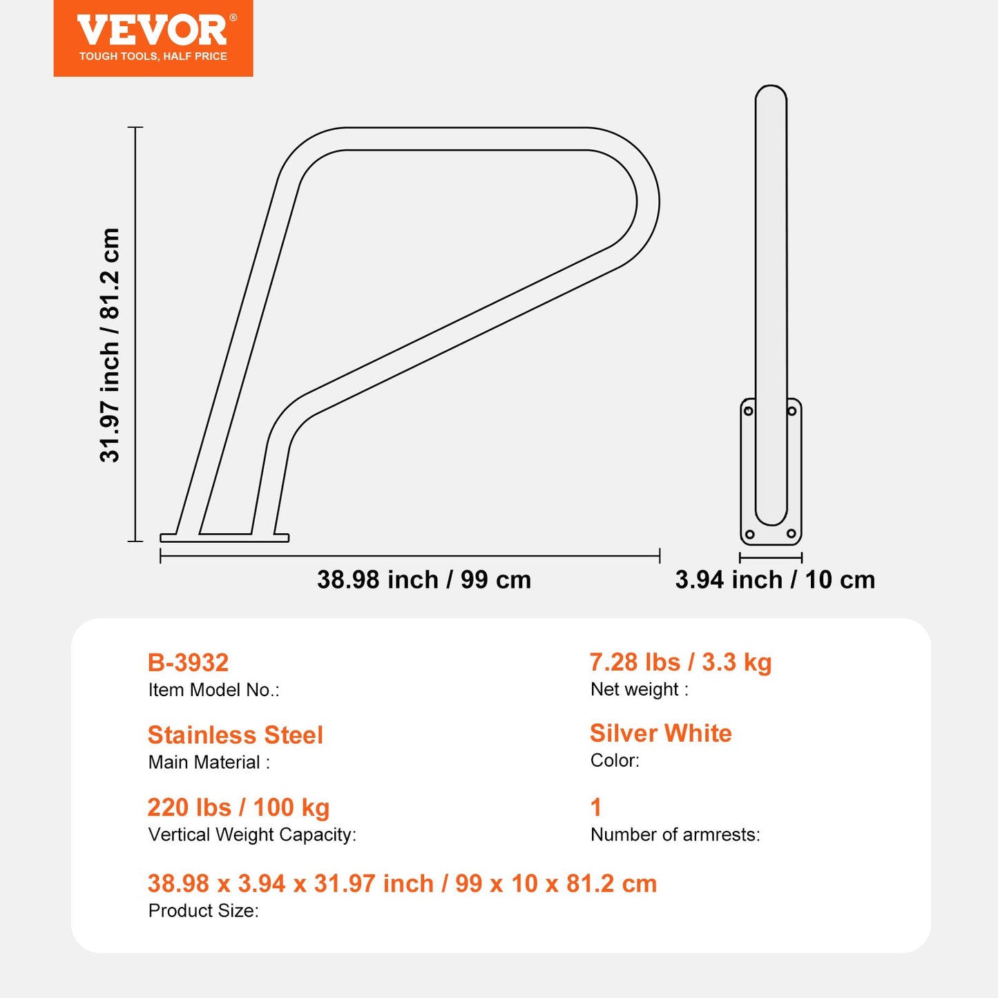 Poolräcke, 39 x 32 tum poolräcke, rostfritt stål med bottenplatta för inomhus-/utomhuspooler, säkerhetsräcke för pooldäck, rostfritt stödhandtag med greppskydd och tillbehör för spa