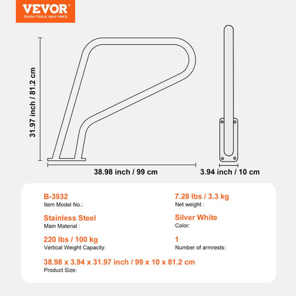 Poolräcke, 39 x 32 tum poolräcke, rostfritt stål med bottenplatta för inomhus-/utomhuspooler, säkerhetsräcke för pooldäck, rostfritt stödhandtag med greppskydd och tillbehör för spa