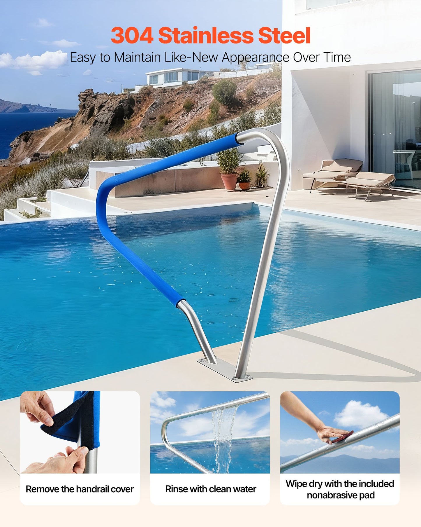 Pool Rail, 122 x 91.5 cm Pool Handrail, 100kg Load Capacity Heavy Duty 304 Stainless Steel Swimming Handrail, Detachable Nonslip Sleeve, Rich Accessories, for Poolside, Water Parks, Spa Centers