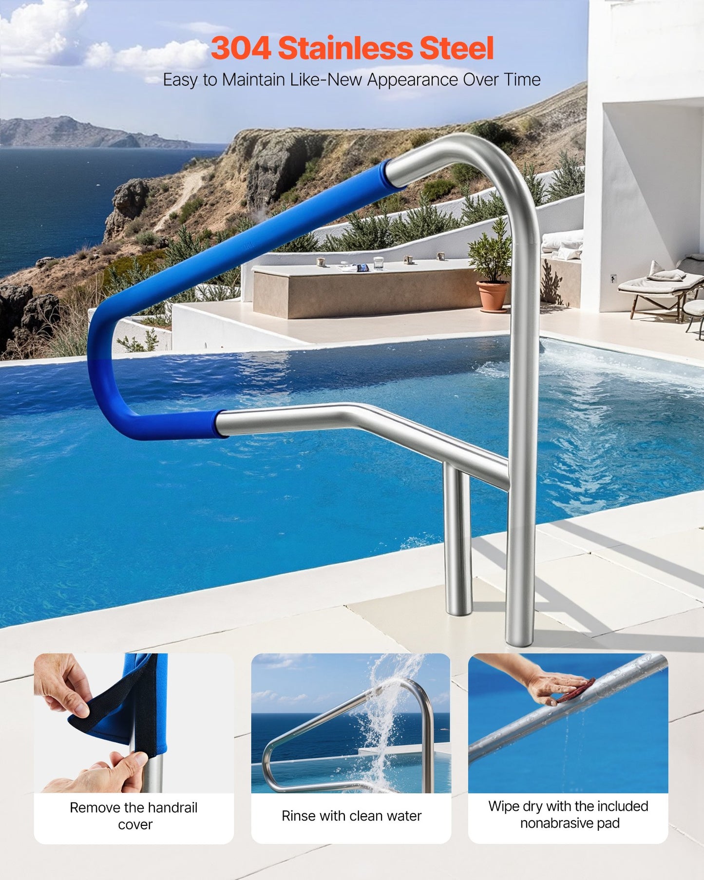 Pool Rail, 137.1 x 81.3 cm Pool Handrail, 100kg Load Capacity Heavy Duty 304 Stainless Steel Swimming Handrail, Detachable Nonslip Sleeve, Recessed or Base Mount, for Poolside, Water Parks