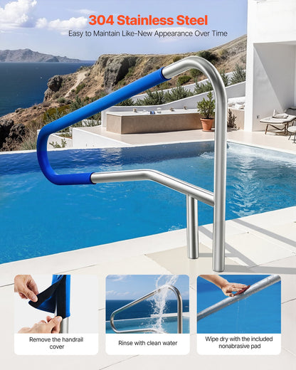 Pool Rail, 137.1 x 81.3 cm Pool Handrail, 100kg Load Capacity Heavy Duty 304 Stainless Steel Swimming Handrail, Detachable Nonslip Sleeve, Recessed or Base Mount, for Poolside, Water Parks