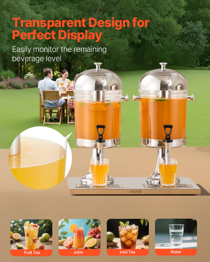 Dryckesdispenser, 8L x 2 dryckesdispensrar för fester, juicedispensrar i rostfritt stål + plast med kran för isbricka, iste-limonaddispensrar, för restauranger, hotell