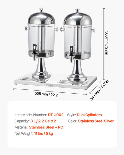 Dryckesdispenser, 8L x 2 dryckesdispensrar för fester, juicedispensrar i rostfritt stål + plast med kran för isbricka, iste-limonaddispensrar, för restauranger, hotell