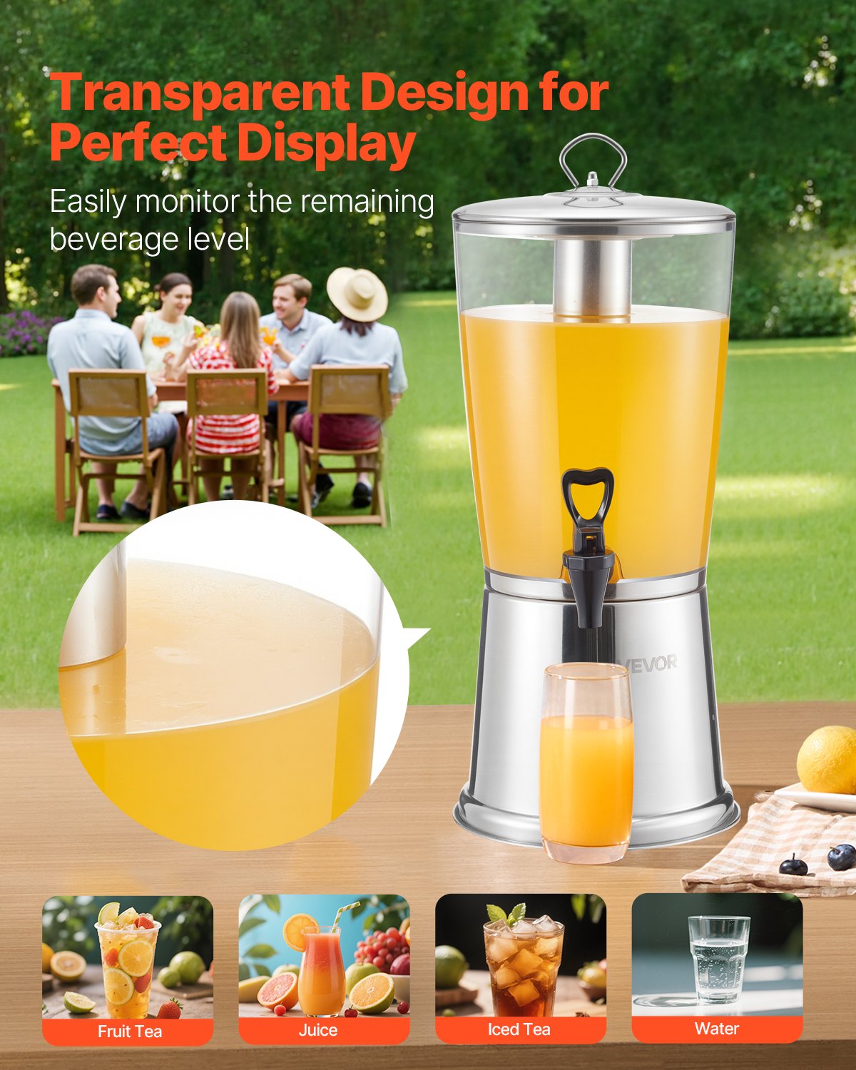 Dryckesdispenser, 8L dryckesdispenser för fester, juicedispensrar i rostfritt stål + plast med kran och isbehållare, iste-citronjuice-vattendispensrar, för restauranger, hotell