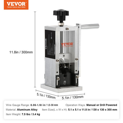 Manual Wire Stripping Machine, 1.5 mm-30 mm Copper Stripper with Hand Crank or Drill Powered, Visible Stripping Depth Reference, Portable Aluminum Frame Wire Peeler for Scrap Copper Recycling