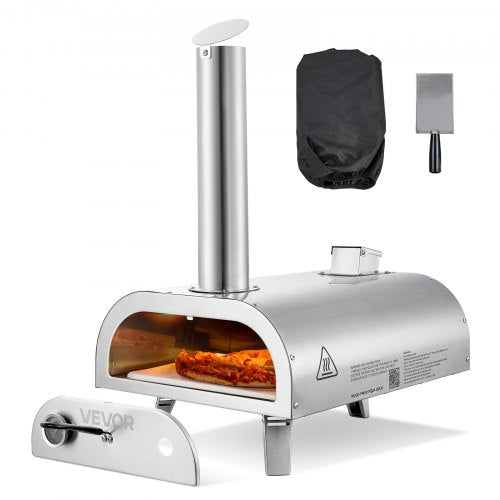 Pizzaugn för utomhusbruk, 12" pelletspizzaugn, bärbar pizzaugn med inbyggd termometer, vedeldad pizzamaskin i rostfritt stål, för trädgården, camping, pizzasten, spade, bärväska, silver
