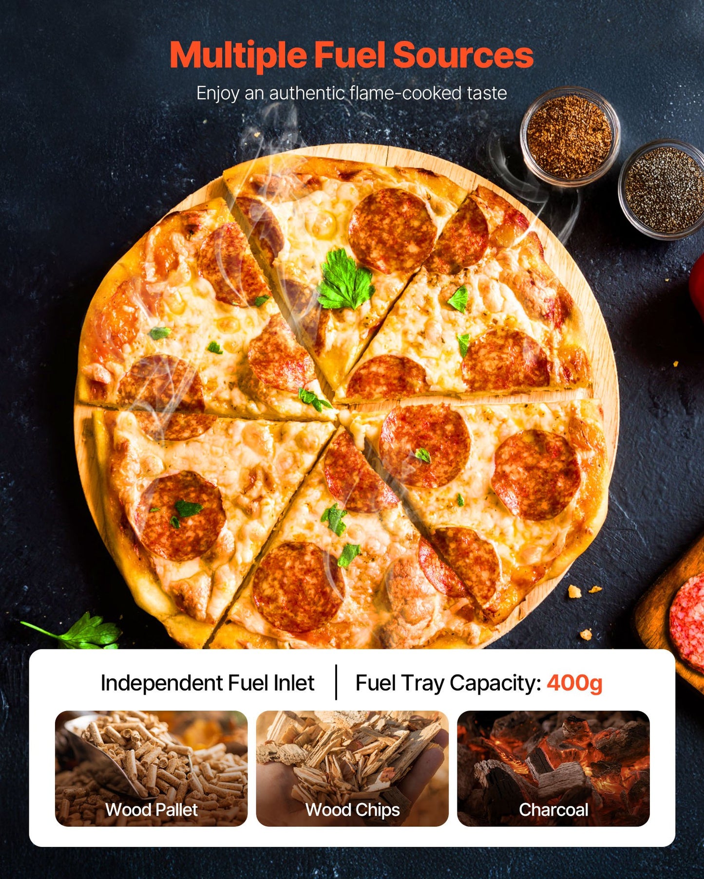 Pizzaugn för utomhusbruk, 12" pelletspizzaugn, bärbar pizzaugn med inbyggd termometer, vedeldad pizzamaskin i rostfritt stål, för trädgården, camping, pizzasten, spade, bärväska, silver