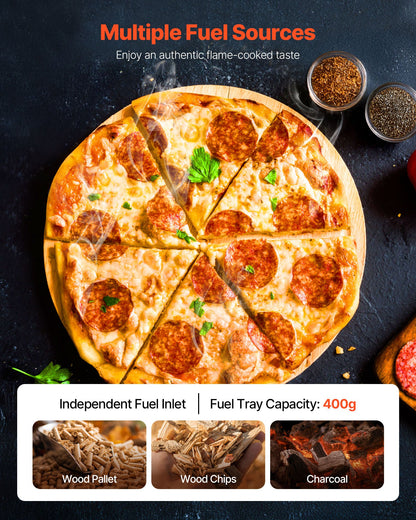 Pizzaugn för utomhusbruk, 12" pelletspizzaugn, bärbar pizzaugn med inbyggd termometer, vedeldad pizzamaskin i rostfritt stål, för trädgården, camping, pizzasten, spade, bärväska, silver