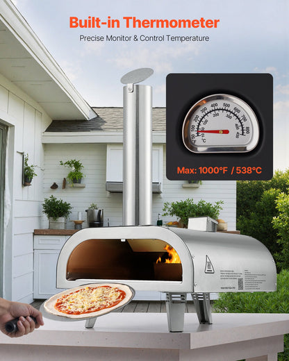 Pizzaugn för utomhusbruk, 12" pelletspizzaugn, bärbar pizzaugn med inbyggd termometer, vedeldad pizzamaskin i rostfritt stål, för trädgården, camping, pizzasten, spade, bärväska, silver