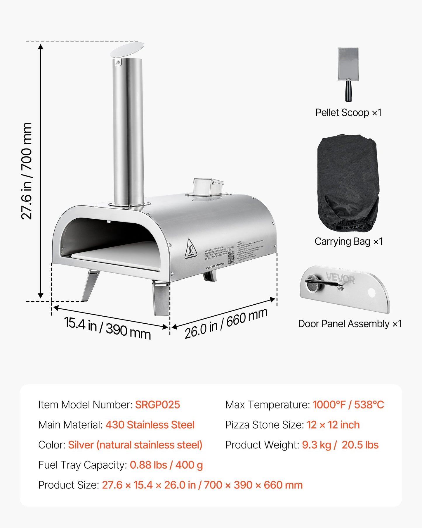 Pizzaugn för utomhusbruk, 12" pelletspizzaugn, bärbar pizzaugn med inbyggd termometer, vedeldad pizzamaskin i rostfritt stål, för trädgården, camping, pizzasten, spade, bärväska, silver
