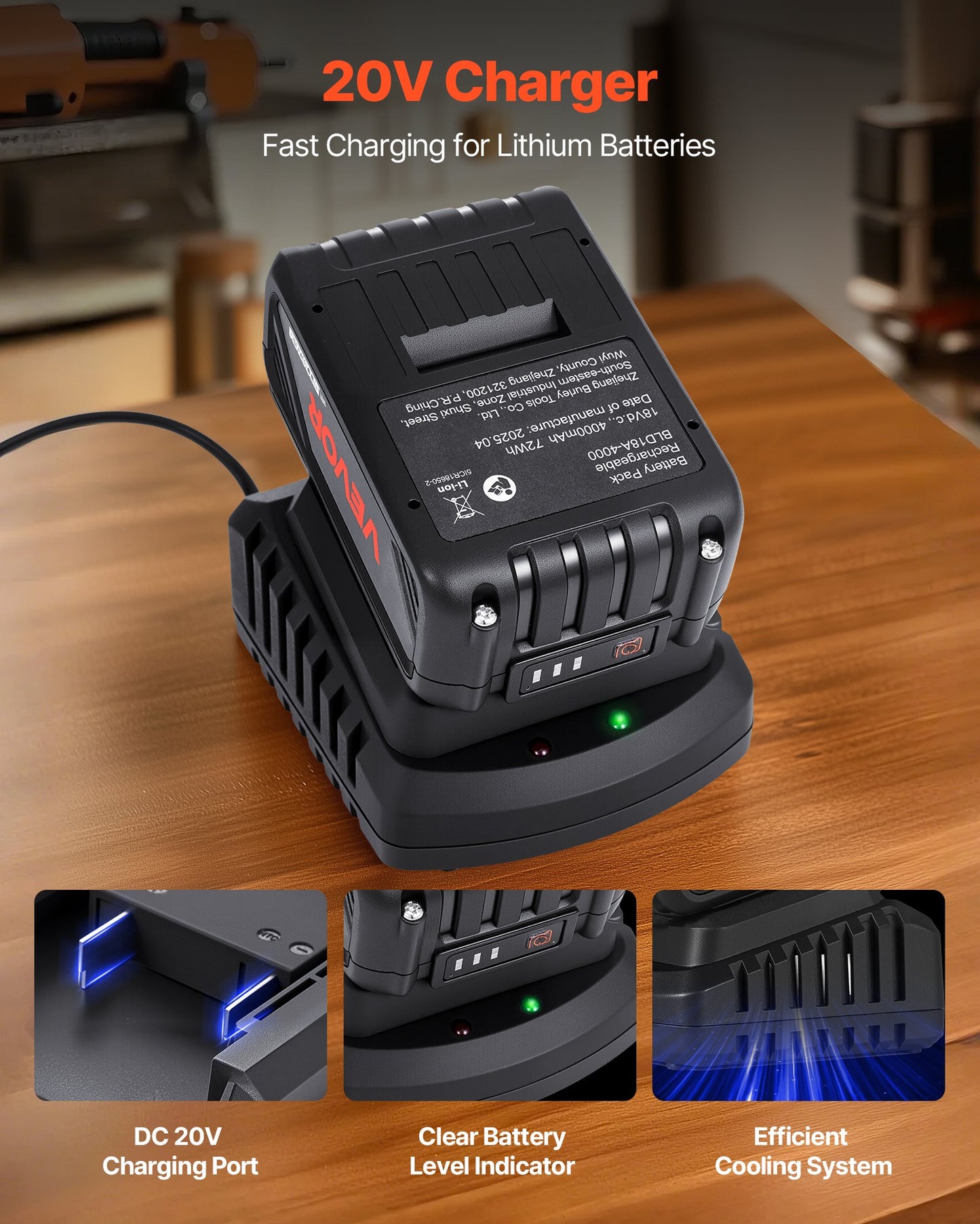 20V MAX, Portable Battery and Charger Combo, AC 220V, 4.0 Ah Lithium-Ion Battery Pack, 4000 mAh Large Capacity, Extended Runtime, Compatible with Series Tools, for Replacement and Fast Charging