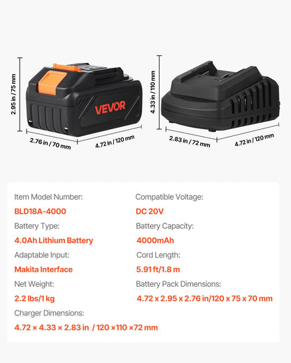 20V MAX, Portable Battery and Charger Combo, AC 220V, 4.0 Ah Lithium-Ion Battery Pack, 4000 mAh Large Capacity, Extended Runtime, Compatible with Series Tools, for Replacement and Fast Charging