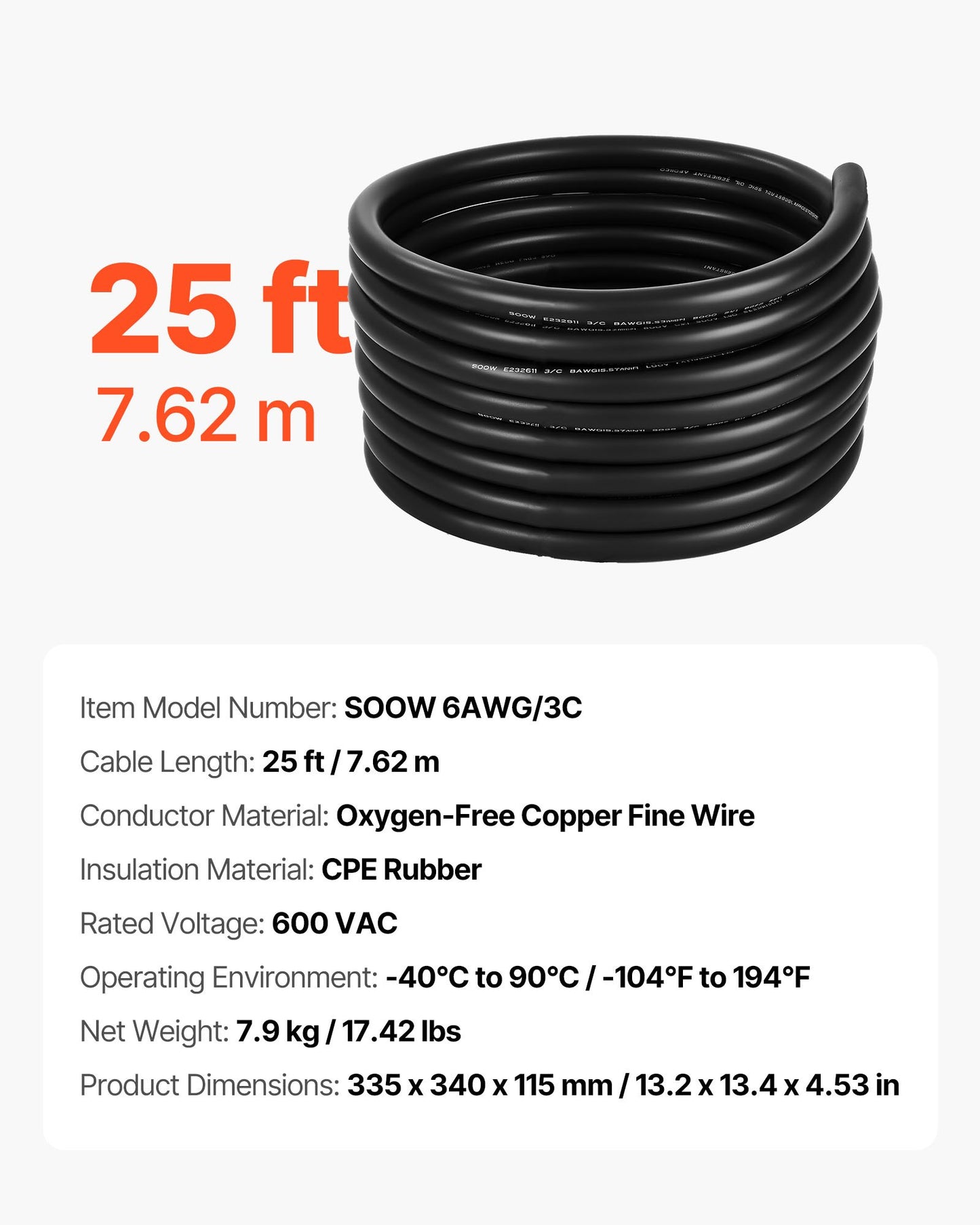 7,62 m (25 FT) 6AWG (16 mm²) premium elektrisk strömkabel förlängningssladd koppartråd
