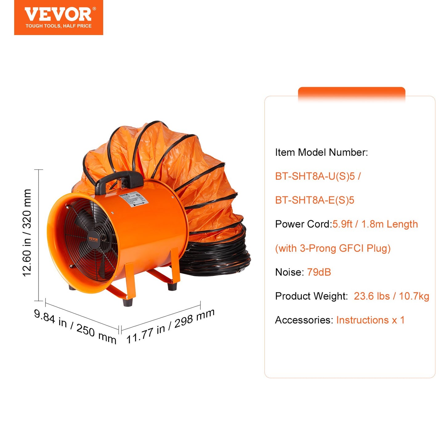 Bärbar fläkt, 203,2 mm kraftig cylinderfläkt med 5 m slang, 145 W kraftfull verkstadsfläkt 1020 CFM, industriell fläkt för att suga damm, rök, rök hem/arbetsplats