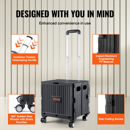 Hopfällbar verktygsvagn, 110 lbs lastkapacitet, hopfällbar bärbar rullande låda med kraftigt teleskophandtag och 4 roterande hjul för resor, shopping, flytt av bagage, kontorsbruk, svart