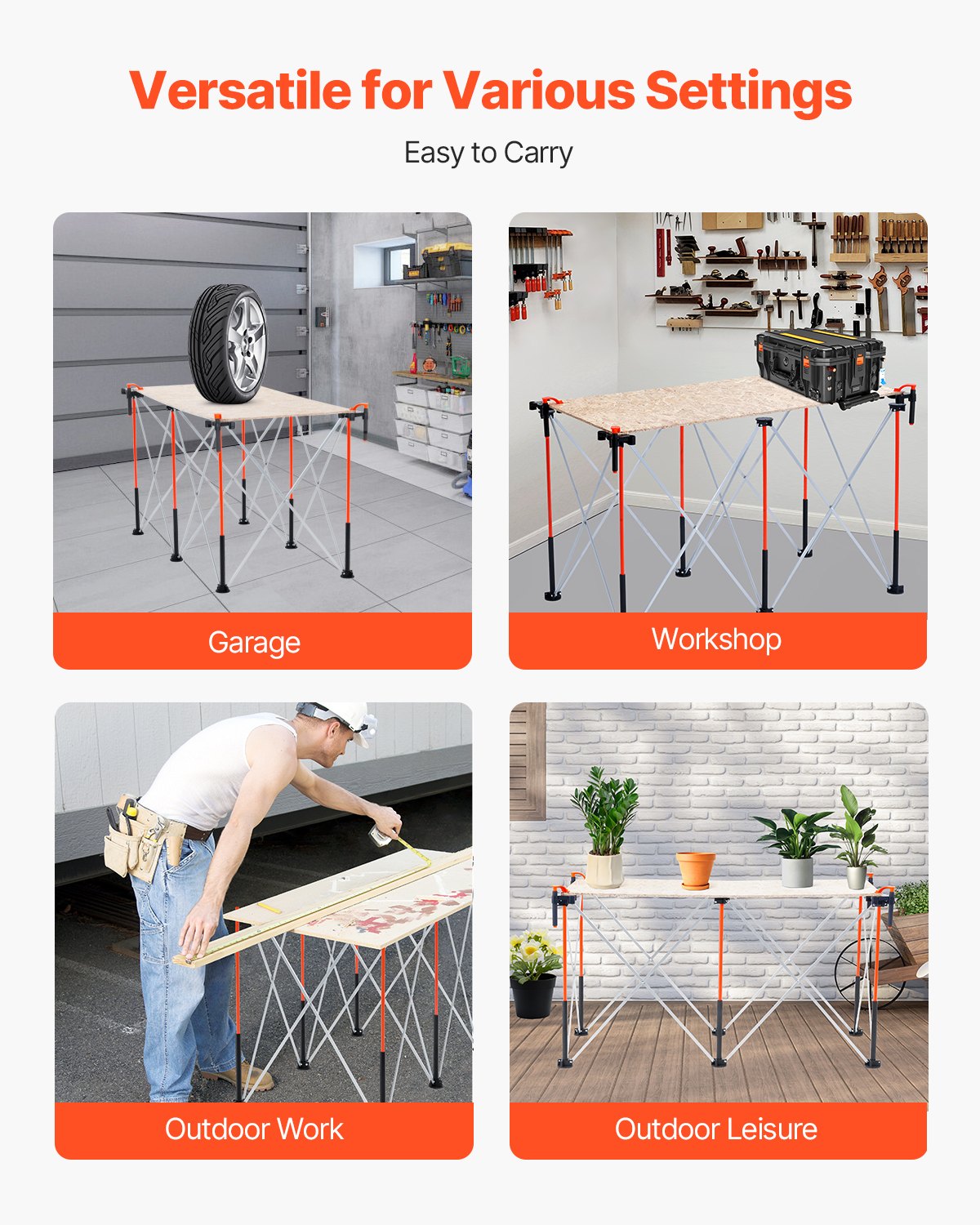 Portable Folding Workstand, 1266 x 665 mm Collapsible Workbench, 1135 kg Weight Capacity, No Assembly Foldable Work Stand with Storage Bag, Table Top NOT Included, for Garage Workshop Outdoor