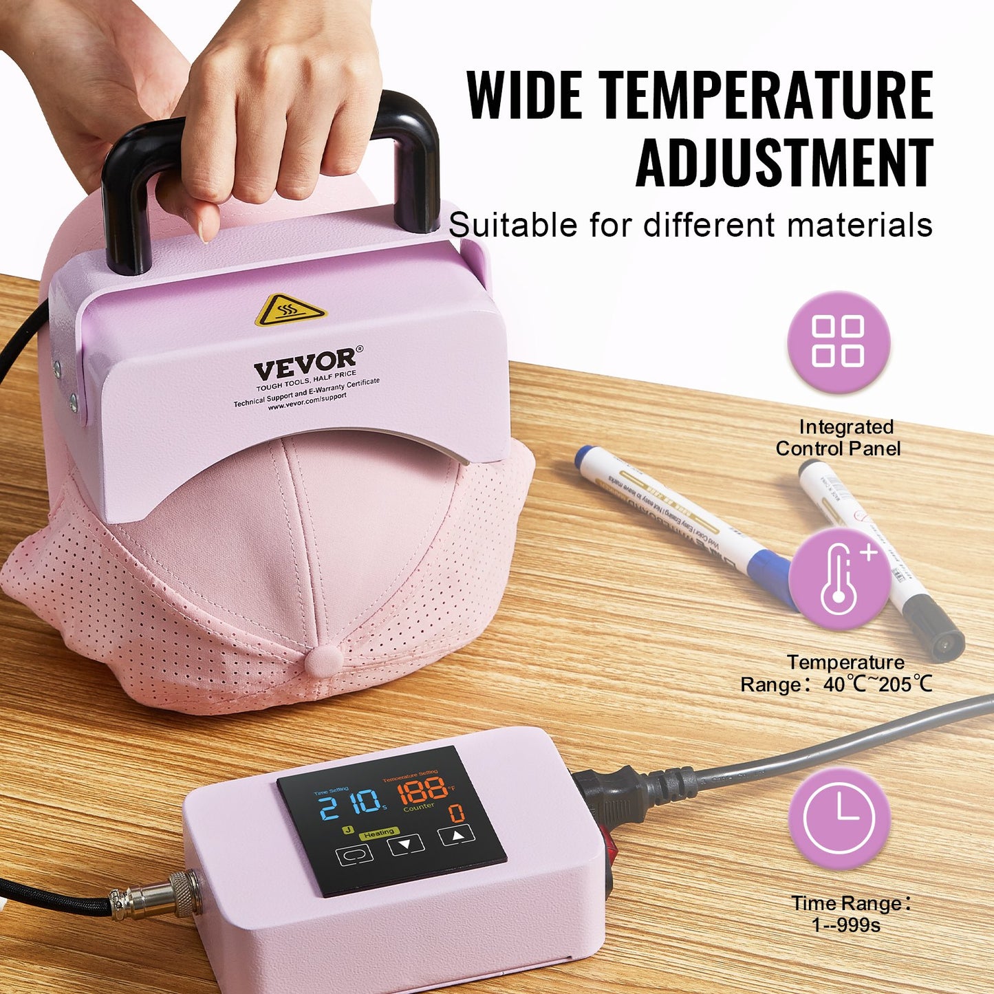 Hattpressmaskin, minivärmepress för mössor med integrerad kontrollpanel, värmepressmaskin för mössor med 5,9x3,15 tums böjd värmeplatta, säkerhetsbas och handske, automatisk avstängning, lila