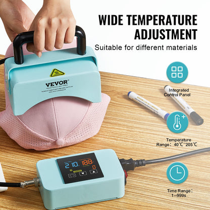 Hattpressmaskin, minivärmepress för mössor med integrerad kontrollpanel, värmepressmaskin för mössor med 5,9x3,15 tums böjd värmeplatta, säkerhetsbas och handske, automatisk avstängning, grön