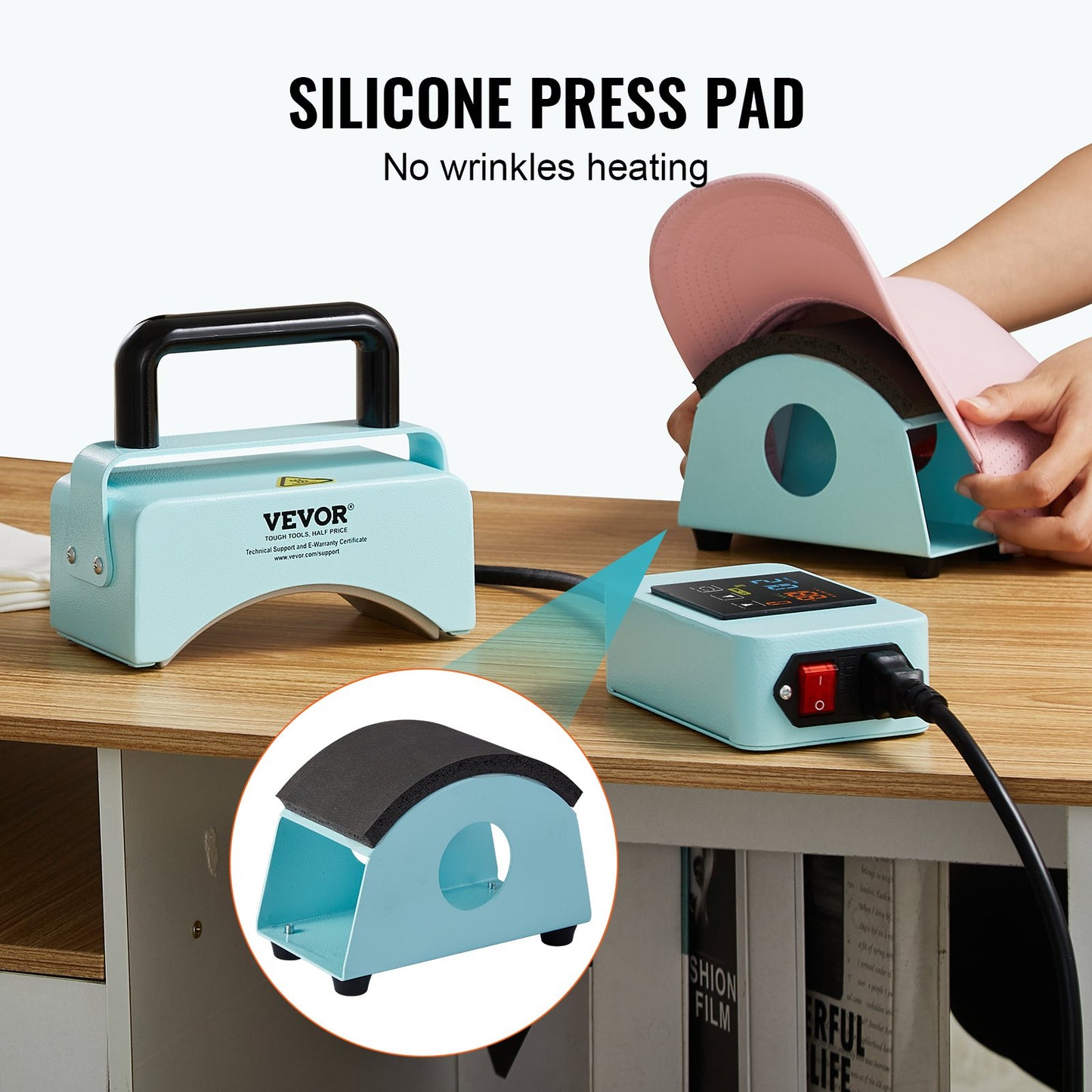 Hattpressmaskin, minivärmepress för mössor med integrerad kontrollpanel, värmepressmaskin för mössor med 5,9x3,15 tums böjd värmeplatta, säkerhetsbas och handske, automatisk avstängning, grön