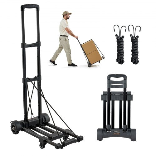 Hopfällbar säckvagn, 131,5 kg lastkapacitet, hopfällbar bagagevagn med 4 hjul, 2 elastiska rep och expanderbar bas, plattformsvagn för flygplatsresor, bagage, kontorsflytt, svart