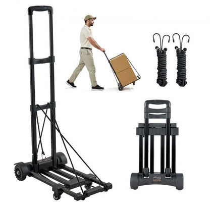 Hopfällbar säckvagn, 131,5 kg lastkapacitet, hopfällbar bagagevagn med 4 hjul, 2 elastiska rep och expanderbar bas, plattformsvagn för flygplatsresor, bagage, kontorsflytt, svart