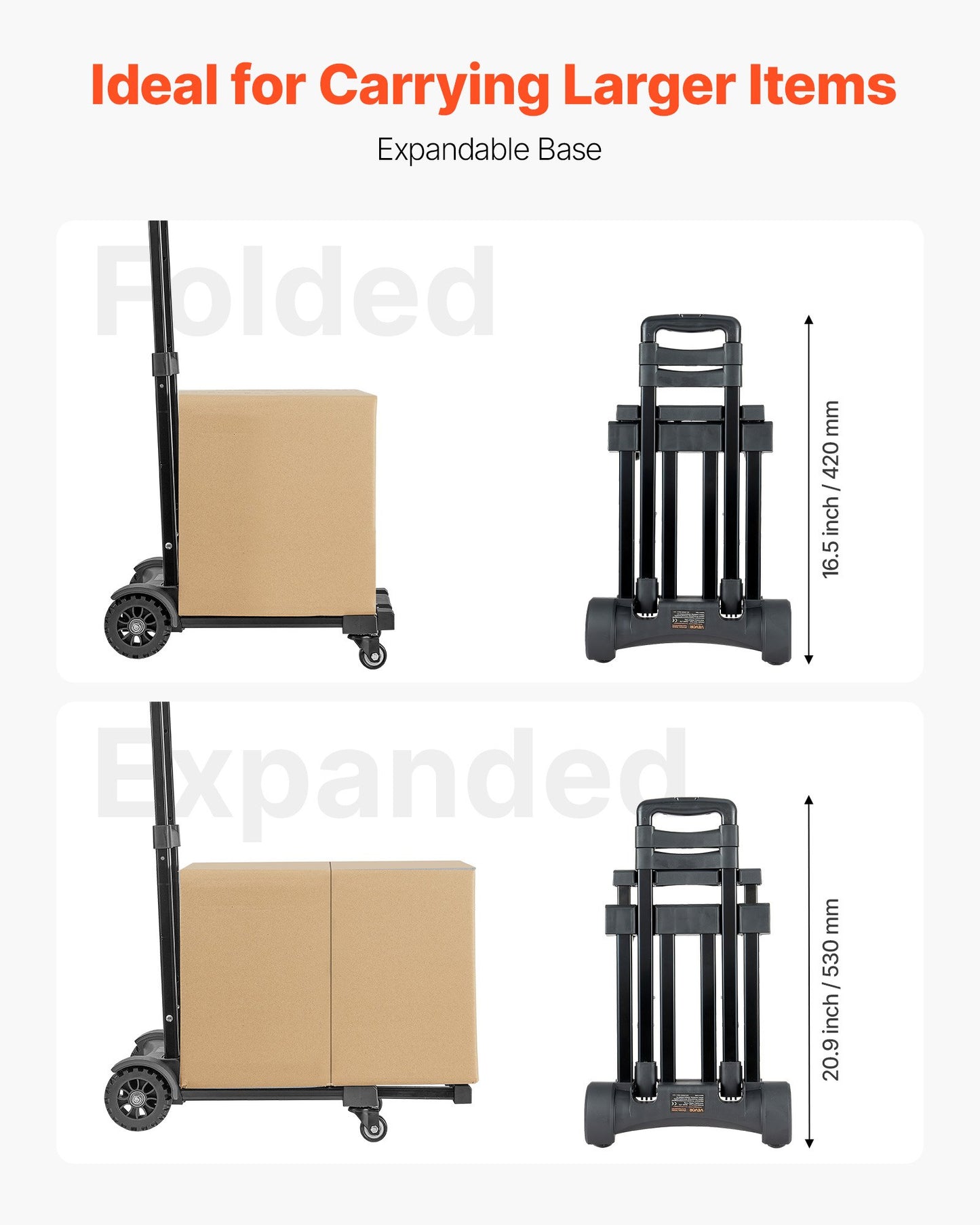 Hopfällbar säckvagn, 131,5 kg lastkapacitet, hopfällbar bagagevagn med 4 hjul, 2 elastiska rep och expanderbar bas, plattformsvagn för flygplatsresor, bagage, kontorsflytt, svart